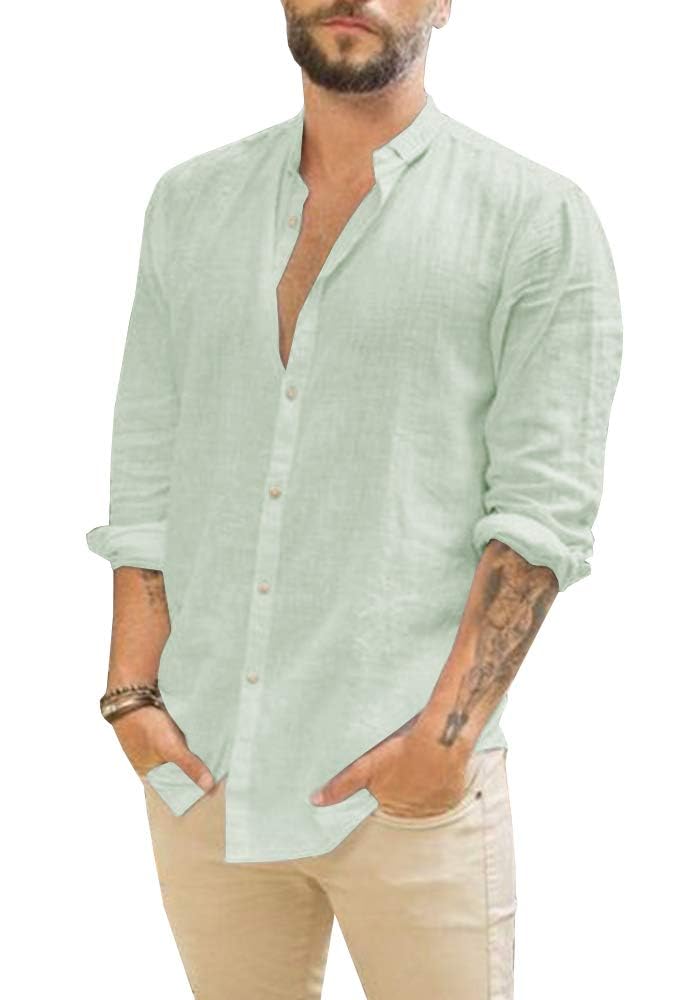 Makkrom Men Linen Shirt Button Down Long Sleeve Cotton Beach Band Collar Casual Summer Shirts - Image 1